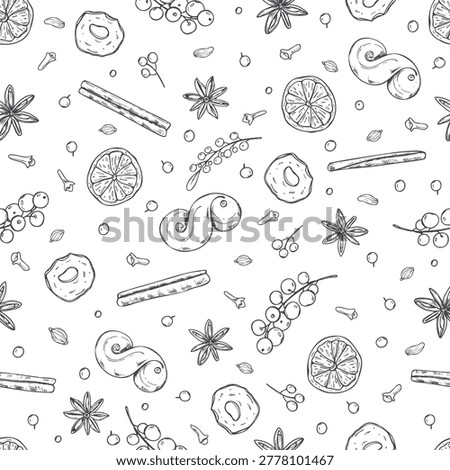 Seamless pattern with hand drawn spice, pastry and citrus slice. Cinnamon, anise, berry, orange and clove vector illustration for Christmas menu, culinary fabric print, wrapping paper.