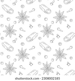 Seamless pattern hand drawn spices for mulled wine. Cinnamon stick, cloves, star anise and allspice. Design for wrapping, poser, banner, brochures or cards, tag or web, price. Vector. EPS Vector. EPS