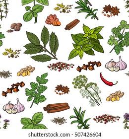 Seamless pattern of hand drawn spices and herbs, sketch style vector illustration on white background. Seamless background of spice and herb drawing, print, textile, wrapping paper design