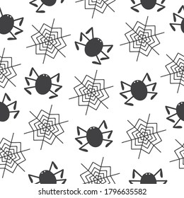 Seamless pattern with hand drawn spider and web on a white background. Doodle, simple outline illustration. It can be used for decoration of textile, paper and other surfaces.