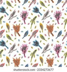 Seamless pattern with hand drawn spikelets of wheat in sketch. Grain ears. Rye, barley, wheat. Vector illustration