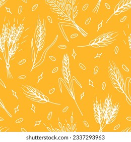 Seamless pattern with hand drawn spikelets of wheat in sketch. Grain ears. Rye, barley, wheat. Vector illustration
