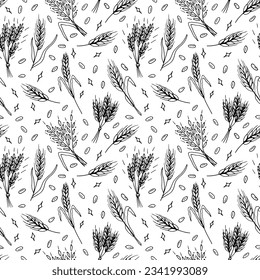 Seamless pattern with hand drawn spikelets of wheat in sketch. Grain ears. Rye, barley, wheat. Vector illustration