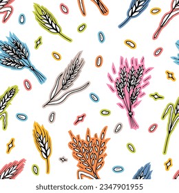 Nahtloses Muster mit handgezeichneten Weizenspitzen in Skizze. Körnerähren. Roggen, Gerste, Weizen. Vektorgrafik