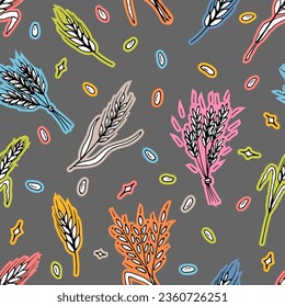 Patrón sin foco con espiquetes de trigo dibujados a mano en boceto. Orejas de grano. Rye, cebada, trigo. Ilustración del vector