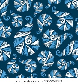 Seamless pattern with hand drawn spiral seashells. Marine theme. Vector illustration