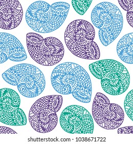 Seamless pattern with hand drawn spiral shells. Marine theme. Vector illustration.