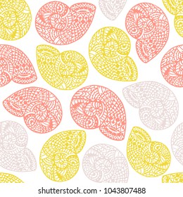 Seamless pattern with hand drawn spiral shells. Marine theme. Vector illustration.