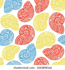 Seamless pattern with hand drawn spiral shells. Marine theme. Vector illustration.