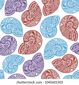 Seamless pattern with hand drawn spiral shells. Marine theme. Vector illustration.