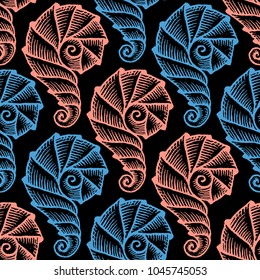 Seamless pattern with hand drawn spiral seashells. Marine theme. Vector illustration