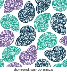 Seamless pattern with hand drawn spiral shells. Marine theme. Vector illustration.