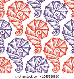 Seamless pattern with hand drawn spiral seashells. Marine theme. Vector illustration