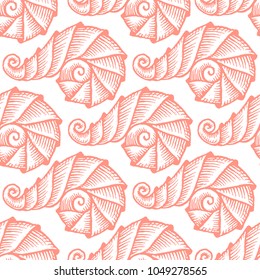 Seamless pattern with hand drawn spiral seashells. Marine theme. Vector illustration