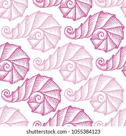 Seamless pattern with hand drawn spiral seashells. Marine theme. Vector illustration