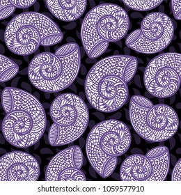 Seamless pattern with hand drawn spiral shells. Marine theme. Vector illustration.