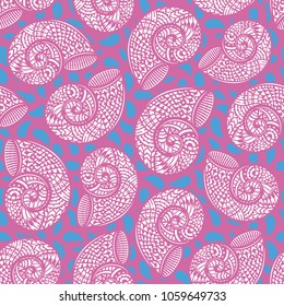 Seamless pattern with hand drawn spiral shells. Marine theme. Vector illustration.