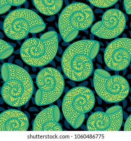 Seamless pattern with hand drawn spiral shells. Marine theme. Vector illustration.