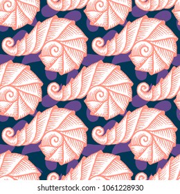 Seamless pattern with hand drawn spiral seashells. Marine theme. Vector illustration