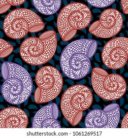 Seamless pattern with hand drawn spiral shells. Marine theme. Vector illustration.