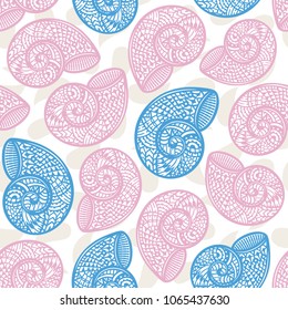 Seamless pattern with hand drawn spiral shells. Marine theme. Vector illustration.