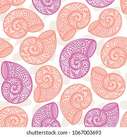 Seamless pattern with hand drawn spiral shells. Marine theme. Vector illustration.