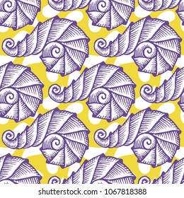 Seamless pattern with hand drawn spiral seashells. Marine theme. Vector illustration