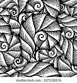 Seamless pattern with hand drawn spiral seashells. Marine theme. Vector illustration