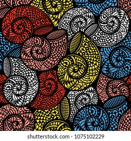 Seamless pattern with hand drawn spiral shells. Marine theme. Vector illustration.