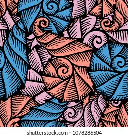 Seamless pattern with hand drawn spiral seashells. Marine theme. Vector illustration