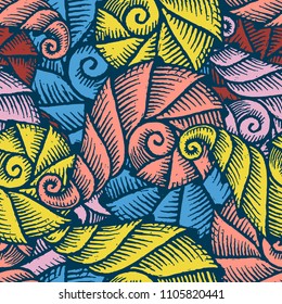 Seamless pattern with hand drawn spiral seashells. Marine theme. Vector illustration
