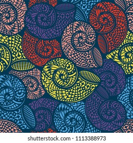 Seamless pattern with hand drawn spiral seashells. Marine theme. Vector illustration