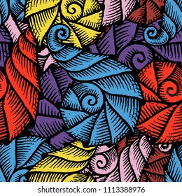 Seamless pattern with hand drawn spiral seashells. Marine theme. Vector illustration