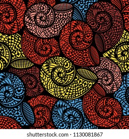 Seamless pattern with hand drawn spiral shells. Marine theme. Vector illustration.