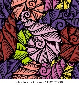 Seamless pattern with hand drawn spiral seashells. Marine theme. Vector illustration