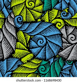 Seamless pattern with hand drawn spiral seashells. Marine theme. Vector illustration