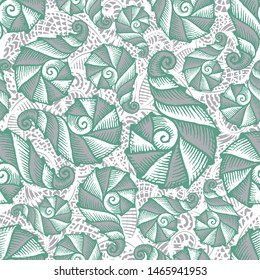 Seamless pattern with hand drawn spiral seashells. Marine theme. Vector illustration