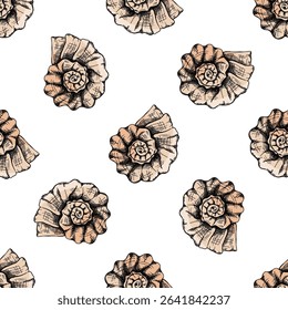 Seamless pattern of hand drawn spiral seashells in vintage sketch style. Ideal for beach packaging, summer textile prints, ocean wrapping paper, and nautical themed decor.