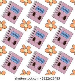 Seamless Pattern with Hand Drawn Spiral Notebooks and Flowers, Back to School Stationery, Flat Vector Illustration, Repeating Background for Fabric, Textile, Wrapping Paper, Scrapbooking and School Supplies