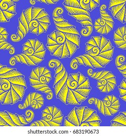 Seamless pattern with hand drawn spiral shells. Marine theme. Vector illustration