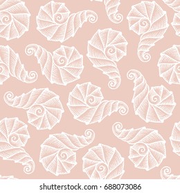Seamless pattern with hand drawn spiral shells. Marine theme. Vector illustration