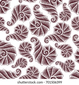 Seamless pattern with hand drawn spiral seashells. Marine theme. Vector illustration