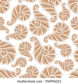 Seamless pattern with hand drawn spiral seashells. Marine theme. Vector illustration