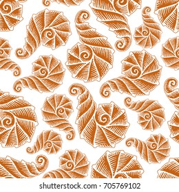Seamless pattern with hand drawn spiral seashells. Marine theme. Vector illustration