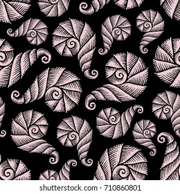Seamless pattern with hand drawn spiral seashells. Marine theme. Vector illustration
