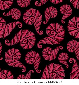 Seamless pattern with hand drawn spiral seashells. Marine theme. Vector illustration