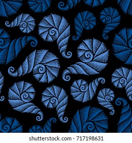 Seamless pattern with hand drawn spiral seashells. Marine theme. Vector illustration