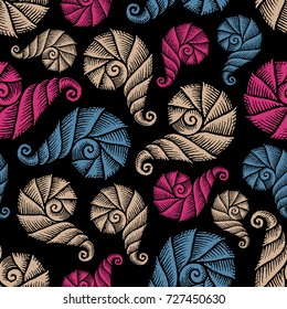 Seamless pattern with hand drawn spiral seashells. Marine theme. Vector illustration