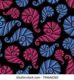 Seamless pattern with hand drawn spiral seashells. Marine theme. Vector illustration