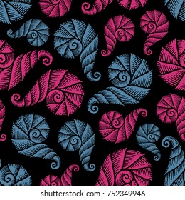 Seamless pattern with hand drawn spiral seashells. Marine theme. Vector illustration